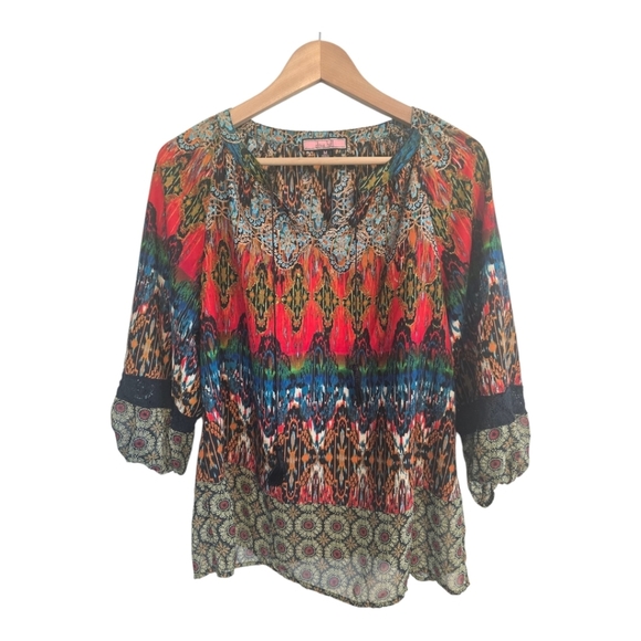 Olive Hill Anthropologie Blouse Sz M Women Multicolor Tassles Eyelet Lace Detail - Picture 1 of 13